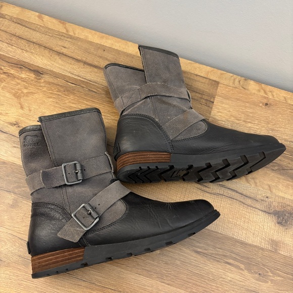 Sorel Major Moto Leather Mid Calf Biker Boots Gray Suede Black Leather Women’s - Picture 11 of 12